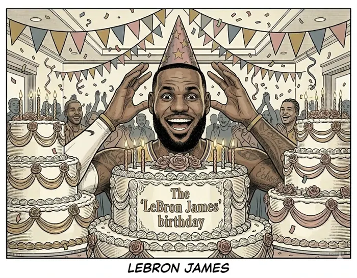 Cartoon of LeBron James celebrating a birthday