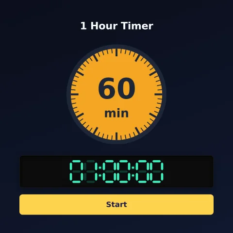 The timeandspace.science 1-hour timer: an analog dial with 60 minutes shaded orange, the digital read-out and a Start button