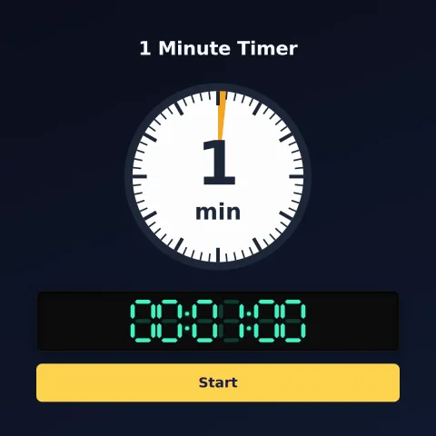The timeandspace.science 1-minute timer: an analog dial with 1 minute shaded orange, the digital read-out and a Start button