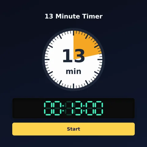 The timeandspace.science 13-minute timer: an analog dial with 13 minutes shaded orange, the digital read-out and a Start button