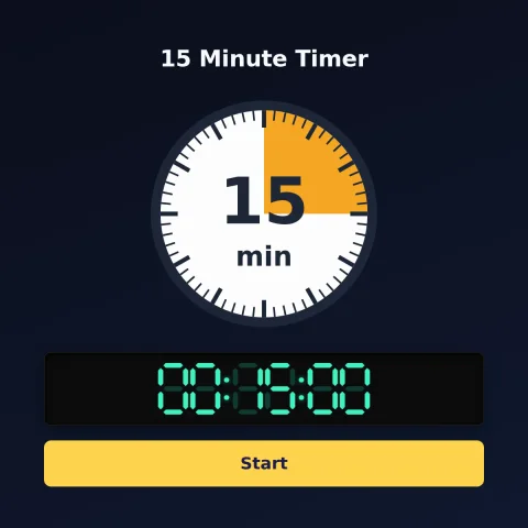 The timeandspace.science 15-minute timer: an analog dial with 15 minutes shaded orange, the digital read-out and a Start button
