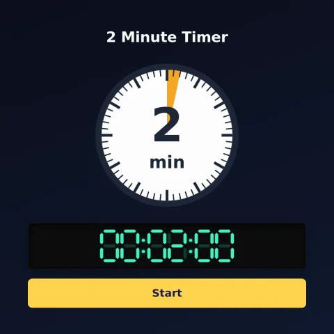 The timeandspace.science 2-minute timer: an analog dial with 2 minutes shaded orange, the digital read-out and a Start button