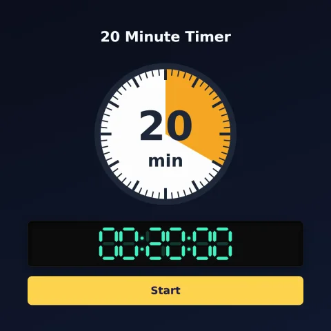 The timeandspace.science 20-minute timer: an analog dial with 20 minutes shaded orange, the digital read-out and a Start button