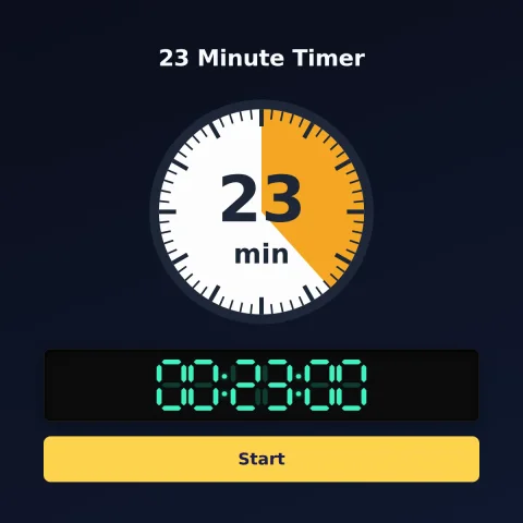 The timeandspace.science 23-minute timer: an analog dial with 23 minutes shaded orange, the digital read-out and a Start button