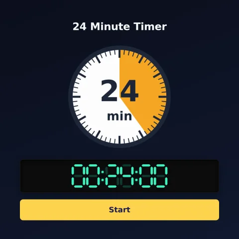 The timeandspace.science 24-minute timer: an analog dial with 24 minutes shaded orange, the digital read-out and a Start button