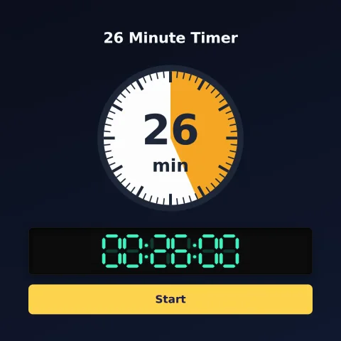The timeandspace.science 26-minute timer: an analog dial with 26 minutes shaded orange, the digital read-out and a Start button