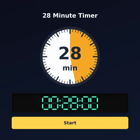 The timeandspace.science 28-minute timer: an analog dial with 28 minutes shaded orange, the digital read-out and a Start button