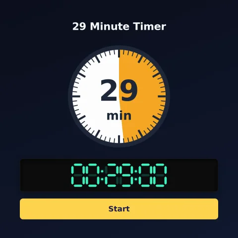 The timeandspace.science 29-minute timer: an analog dial with 29 minutes shaded orange, the digital read-out and a Start button