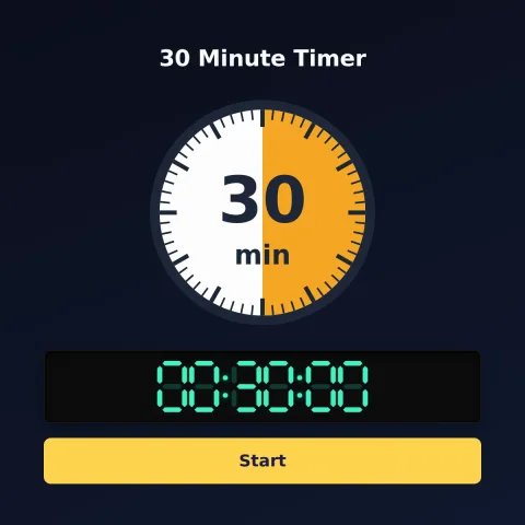 The timeandspace.science 30-minute timer: an analog dial with 30 minutes shaded orange, the digital read-out and a Start button
