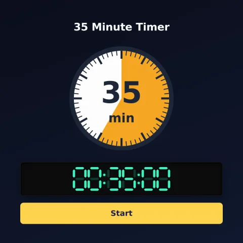 The timeandspace.science 35-minute timer: an analog dial with 35 minutes shaded orange, the digital read-out and a Start button