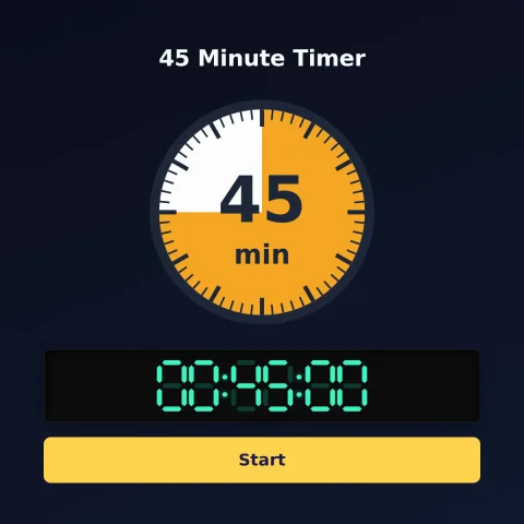 The timeandspace.science 45-minute timer: an analog dial with 45 minutes shaded orange, the digital read-out and a Start button