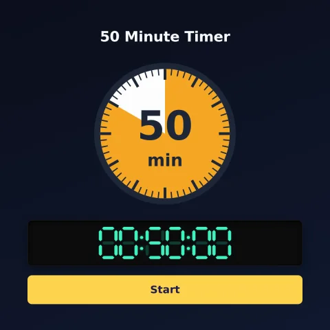 The timeandspace.science 50-minute timer: an analog dial with 50 minutes shaded orange, the digital read-out and a Start button