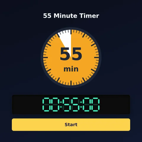 The timeandspace.science 55-minute timer: an analog dial with 55 minutes shaded orange, the digital read-out and a Start button