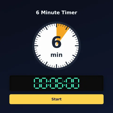 The timeandspace.science 6-minute timer: an analog dial with 6 minutes shaded orange, the digital read-out and a Start button
