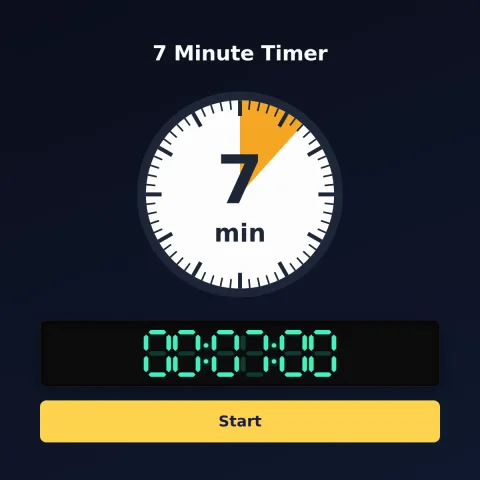 The timeandspace.science 7-minute timer: an analog dial with 7 minutes shaded orange, the digital read-out and a Start button