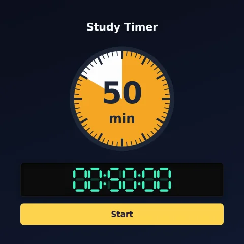 The timeandspace.science 50-minute timer: an analog dial with 50 minutes shaded orange, the digital read-out and a Start button