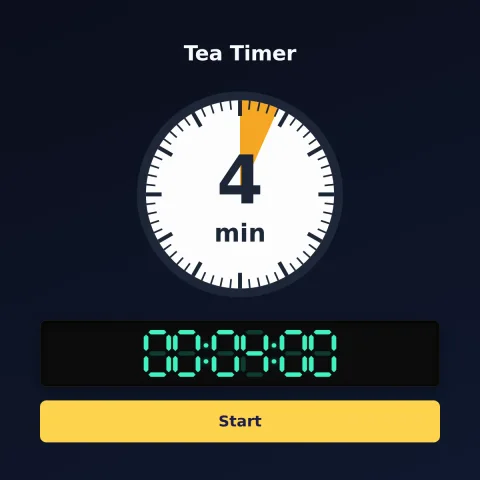 The timeandspace.science 4-minute timer: an analog dial with 4 minutes shaded orange, the digital read-out and a Start button